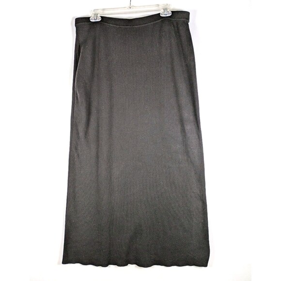Liz Claiborne Petite Maxi Skirt Ribbed Knit Cotton Black Pull On Back Slit PL - Picture 1 of 6